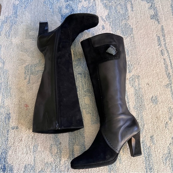 Aerosoles Comfort Button Black Leather Square Toe High Heel Side Zip Boots 8.5 - Picture 1 of 13